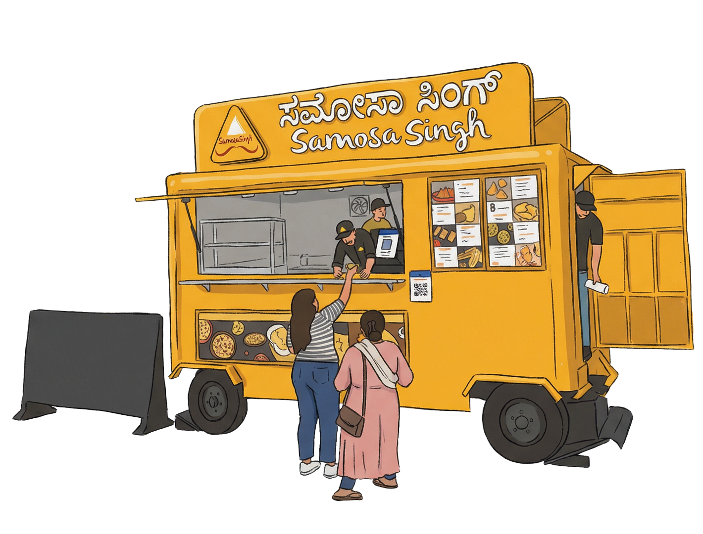 Illustrated Samosa Singh franchise outlet serving customers